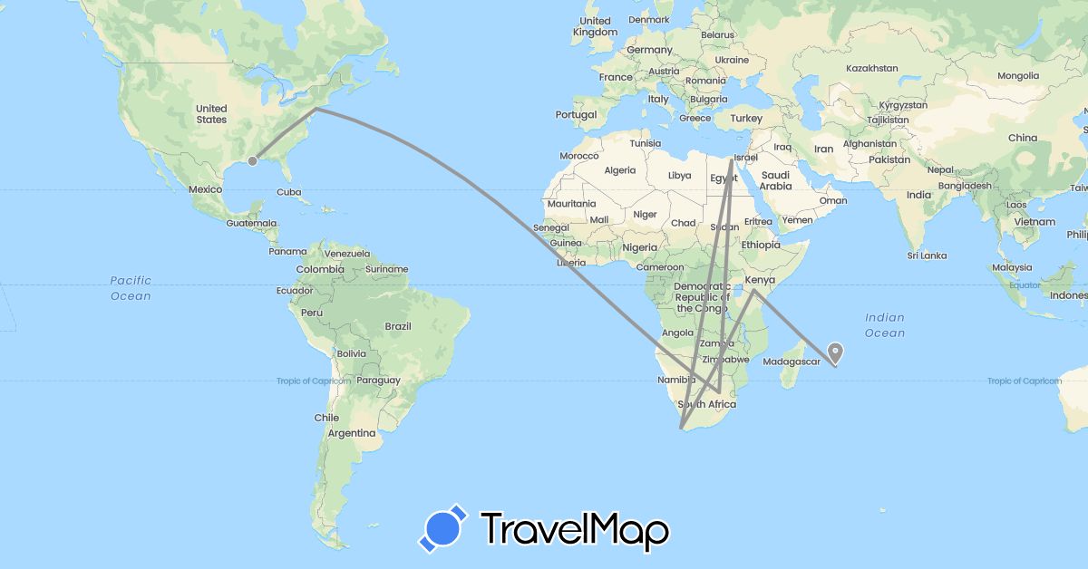 TravelMap itinerary: driving, plane in Egypt, Kenya, Mauritius, United States, South Africa (Africa, North America)